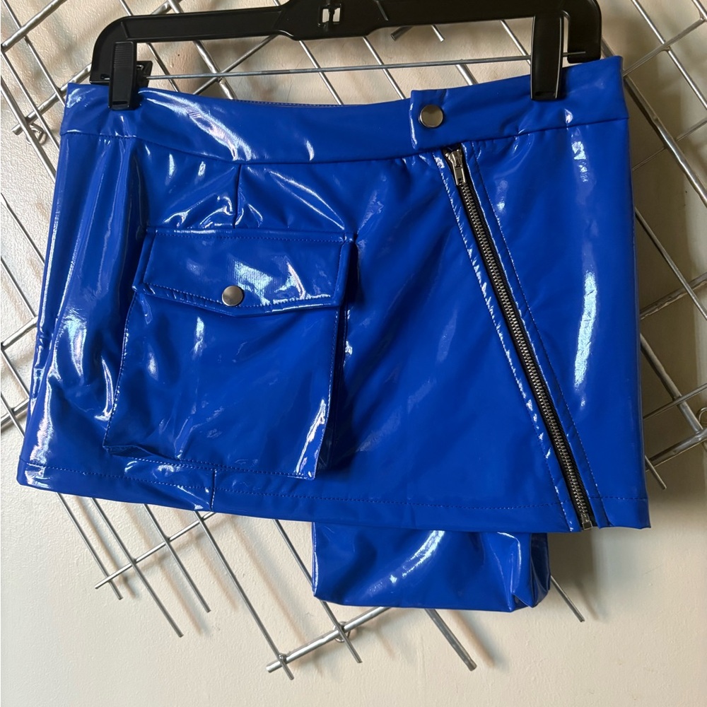 Fashion Nova Shiny Electric Blue Vinyl Mini Skirt with Zip Pocket